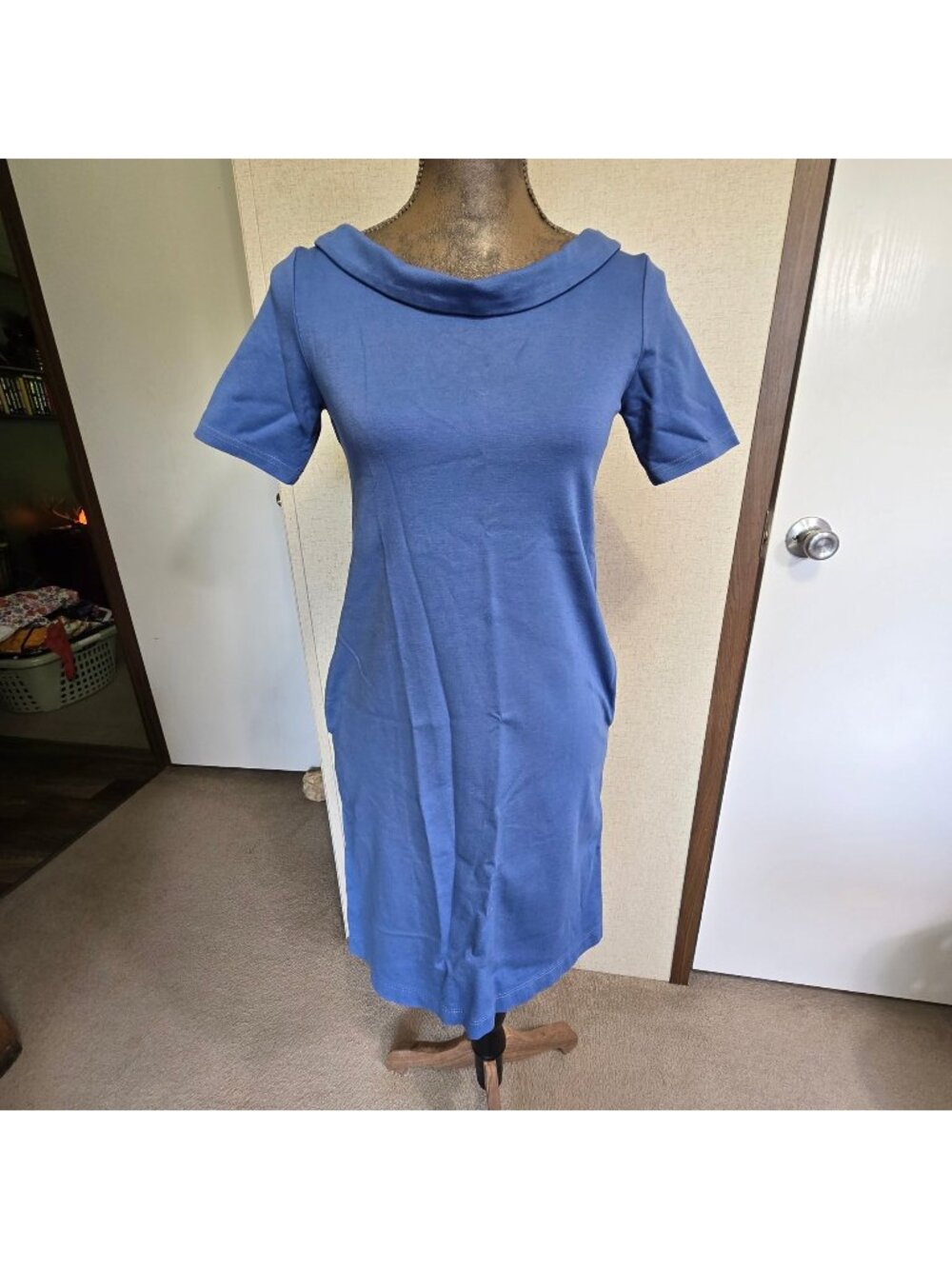 Le Muse XS Blue Short-Sleeve Dress Bow Detail & Pockets Cotton Blend
